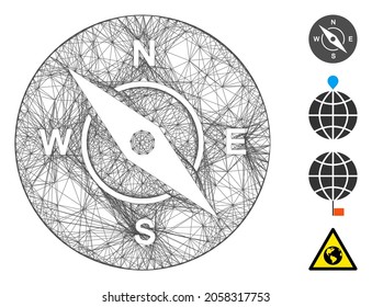 Vector network compass. Geometric wire carcass 2D network made from compass icon, designed from crossed lines. Some bonus icons are added.
