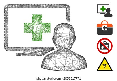 Vector network computer doctor. Geometric hatched carcass 2D network made from computer doctor icon, designed from intersected lines. Some bonus icons are added.