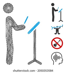 Vector network concert conductor. Geometric wire carcass flat network generated with concert conductor icon, designed with intersected lines. Some other icons are added.