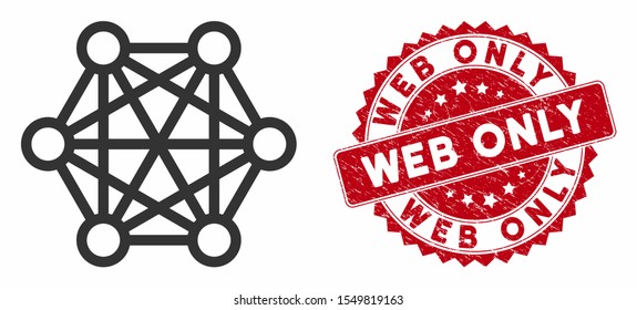 Vector network connections icon and rubber round stamp seal with Web Only text. Flat network connections icon is isolated on a white background. Web Only stamp seal uses red color and dirty texture.