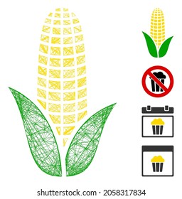 Vector network corn. Geometric wire carcass 2D network generated with corn icon, designed with crossed lines. Some bonus icons are added.