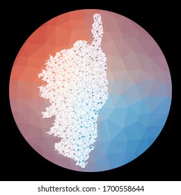 Vector network Corsica map. Map of the island with low poly background. Rounded Corsica illustration in technology, internet, network, telecommunication concept style. Charming vector illustration.