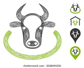 Vector network cow area. Geometric hatched frame flat network generated with cow area icon, designed with crossed lines. Some bonus icons are added.