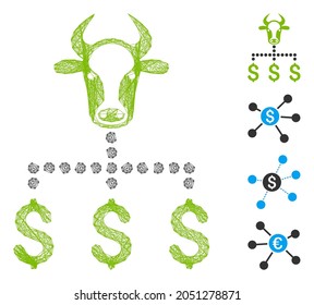 Vector network cow dollar links. Geometric linear frame flat network made from cow dollar links icon, designed from crossing lines. Some additional icons are added.