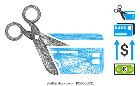 Tarjeta de crédito de corte de red de vectores. Red 2D de canal lineal geométrica hecha a partir del icono de tarjeta de crédito de corte, diseñada a partir de líneas cruzadas. Se añaden algunos iconos adicionales.