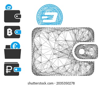 Vector network Dash billfold. Geometric linear carcass flat network made from Dash billfold icon, designed from crossing lines. Some bonus icons are added.