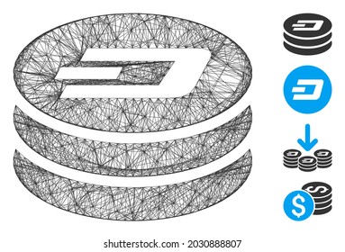 Vector network Dash coin column. Geometric linear carcass 2D network generated with Dash coin column icon, designed with crossing lines. Some bonus icons are added.