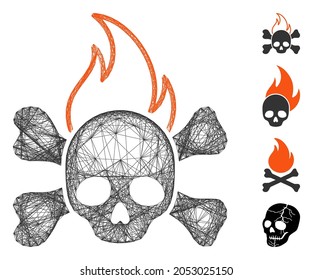 Fuego mortal en red de vectores. Red 2D de canal de alambre geométrico generada con icono de incendio de muerte, diseñada con líneas interconectadas. Se agregan algunos iconos similares.