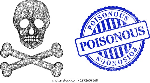 Vector network death skull model, and Poisonous blue rosette dirty seal imitation. Hatched frame network illustration created from death skull icon, made from crossing lines.