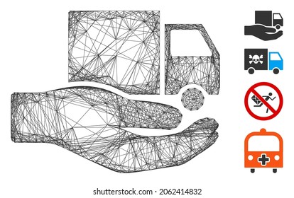 Vector network delivery service hand. Geometric wire frame 2D network generated with delivery service hand icon, designed from intersected lines. Some bonus icons are added.