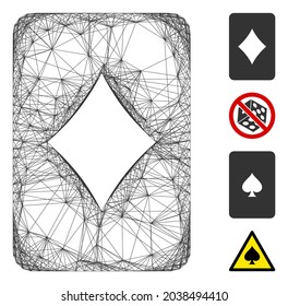 Vektornetzwerk Diamanten-Glücksspielkarte. Geometrisches lineares 2D-Netz aus dem Symbol der Spielkarte für Diamanten, entworfen aus gekreuzten Linien. Es werden einige Bonussymbole hinzugefügt.