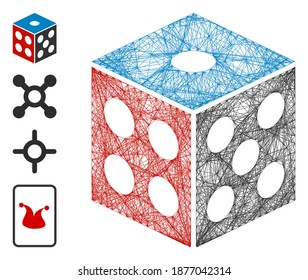 Vector network dice. Geometric linear carcass flat network made from dice icon, designed from crossing lines. Some bonus icons are added.