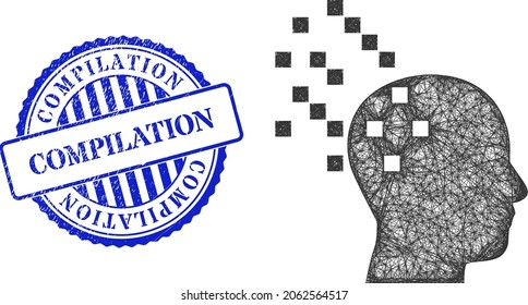 Vector network digital brain compilation model, and Compilation blue rosette dirty stamp seal. Hatched carcass net image designed with digital brain compilation icon, made with crossed lines.