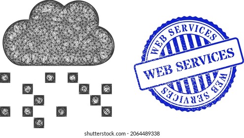 Vector network digital cloud frame, and Web Services blue rosette grunge seal print. Crossed frame net image created from digital cloud icon, made from crossed lines.