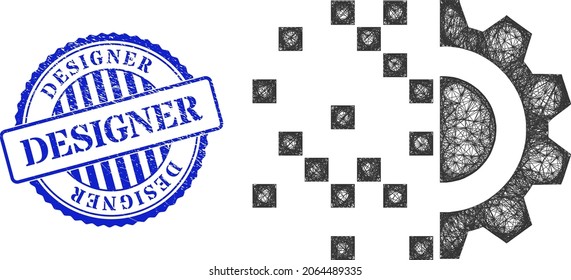 Vector network digital gear generation framework, and Designer blue rosette scratched seal imitation. Crossed carcass network symbol created from digital gear generation icon,