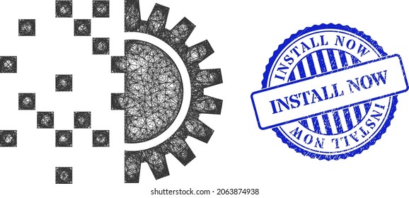 Vector network digital gearwheel generation framework, and Install Now blue rosette grunge seal print. Linear frame network illustration created from digital gearwheel generation icon,