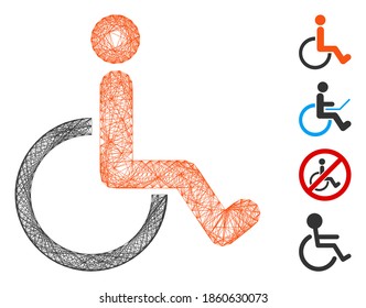 Persona con discapacidad de la red de vectores. Red 2D de canal lineal geométrica generada con icono de persona incapacitada, diseñada con líneas cruzadas. Se añaden algunos iconos adicionales.