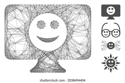 Vector network display smile. Geometric wire frame flat network generated with display smile icon, designed with crossed lines. Some bonus icons are added.