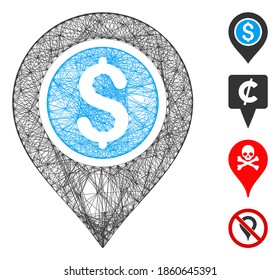 Vector network dollar bank pointer. Geometric wire frame 2D network generated with dollar bank pointer icon, designed with crossed lines. Some bonus icons are added.