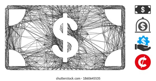 Vector network dollar banknote. Geometric wire frame 2D network made from dollar banknote icon, designed from intersected lines. Some bonus icons are added.