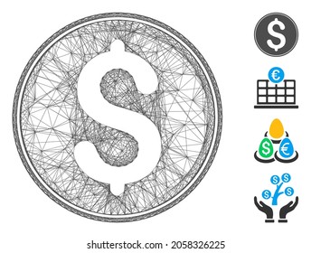 Vector network dollar coin. Geometric linear carcass flat network generated with dollar coin icon, designed with crossed lines. Some bonus icons are added.