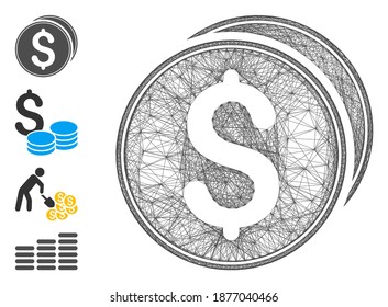 Vector network dollar coins. Geometric hatched carcass 2D network made from dollar coins icon, designed from crossing lines. Some bonus icons are added.