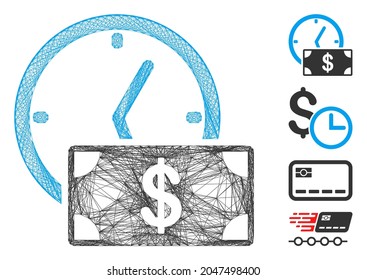 Crédito en dólares de red de vectores. Red 2D de marco de alambre geométrico generada con icono de crédito en dólares, diseñada con líneas interconectadas. Se añaden algunos iconos adicionales.
