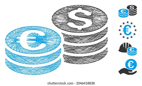 Red de vectores Pilas de monedas en dólares y euros. Red plana de canales con eclosión geométrica hecha de un icono de pilas de monedas en dólares y euros, diseñada a partir de líneas entrelazadas. Se añaden algunos iconos adicionales.