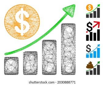Vector network dollar growth graph. Geometric linear frame flat network generated with dollar growth graph icon, designed with crossing lines. Some bonus icons are added.