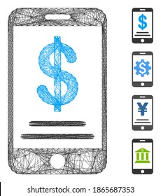 Vector network dollar mobile wallet. Geometric linear frame flat network generated with dollar mobile wallet icon, designed with crossing lines. Some bonus icons are added.