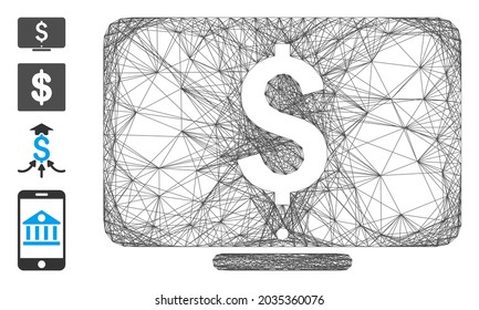 Vector network dollar monitor. Geometric linear frame flat network generated with dollar monitor icon, designed with crossing lines. Some bonus icons are added.