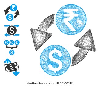 Vector network dollar rupee exchange. Geometric hatched frame 2D network generated with dollar rupee exchange icon, designed with intersected lines. Some bonus icons are added.