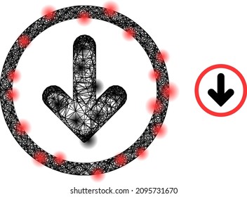Vector network down pointer icon with spots. Geometric linear carcass 2D network based on down pointer icon, generated with crossing lines, with round spots.