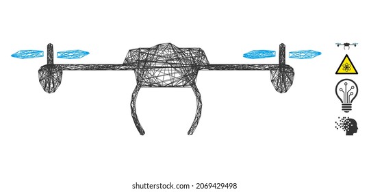 Vector network drone. Geometric hatched carcass flat network generated with drone icon, designed with crossed lines. Some similar icons are added.