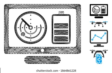 Vector network drone monitoring. Geometric wire carcass 2D network made from drone monitoring icon, designed with intersected lines. Some bonus icons are added.