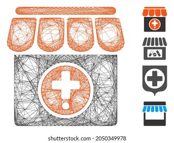 Vector network drugstore. Geometric hatched carcass flat network generated with drugstore icon, designed with intersected lines. Some additional icons are added.
