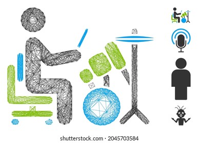 Vector network drummer. Geometric linear frame flat network generated with drummer icon, designed with intersected lines. Some bonus icons are added.