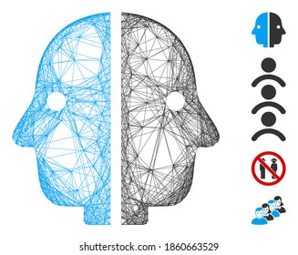 Vector network dual face. Geometric wire carcass 2D network made from dual face icon, designed from crossing lines. Some bonus icons are added.