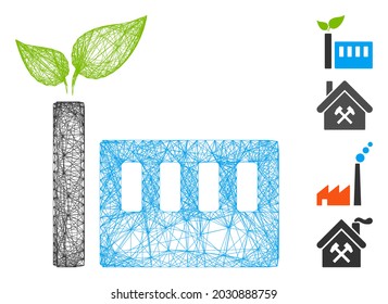 Planta ecológica de red de vectores. Red 2D de canal de alambre geométrico a partir del icono de la planta ecológica, diseñada a partir de líneas interseccionadas. Se añaden algunos iconos adicionales.