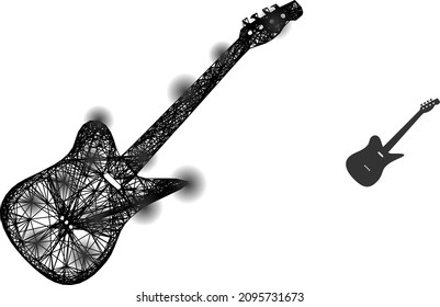 Icono de guitarra eléctrica de red vectora con puntos. Red plana de marco con tramas geométricas basada en icono de guitarra eléctrica, generada con líneas cruzadas, con manchas redondas.