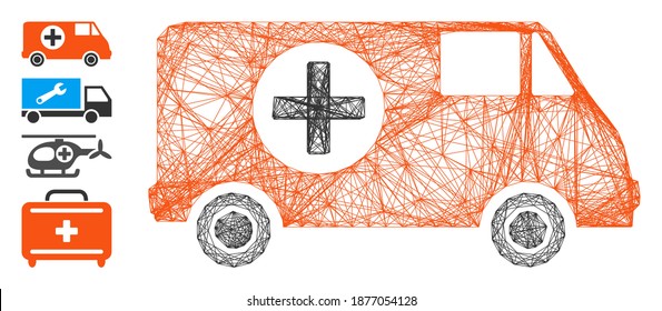 Vector network emergency car. Geometric wire frame flat network generated with emergency car icon, designed with crossing lines. Some bonus icons are added.