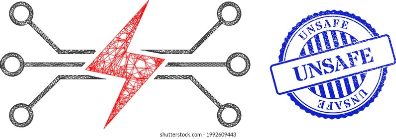 Vector network energy circuit carcass, and Unsafe blue rosette textured seal imitation. Hatched frame network illustration created from energy circuit pictogram, is created from intersected lines.