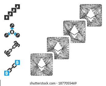 Vektornetz Ethereum Blockchain. Geometrisches lineares 2D-Netzwerk, erzeugt mit Ethereum Blockchain Symbol, konstruiert mit Kreuzlinien. Es werden einige Bonussymbole hinzugefügt.