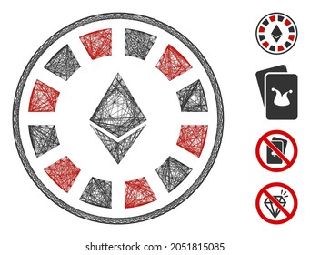 Vektornetz Ethereum Casino Roulette. Geometrisches, geschlüftetes 2D-Netz aus Ethereum Casino-Roulette-Symbol, entworfen aus Kreuzlinien. Es werden einige zusätzliche Symbole hinzugefügt.