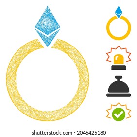 Vector network Ethereum jewelry ring. Geometric linear frame 2D network made from Ethereum jewelry ring icon, designed from crossing lines. Some other icons are added.
