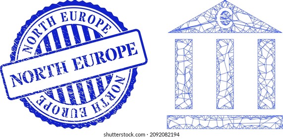 Vector network euro bank building carcass, and North Europe blue round dirty stamp seal. Crossed carcass network image created from euro bank building icon, is created from intersected lines.