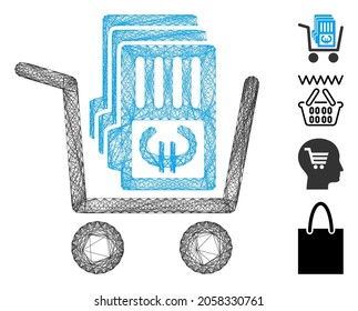 Vector network Euro cash out cart. Geometric wire frame flat network generated with Euro cash out cart icon, designed with crossing lines. Some bonus icons are added.