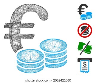 Vector network Euro coins. Geometric hatched frame flat network based on Euro coins icon, designed from crossed lines. Some bonus icons are added.