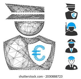 Vector network Euro commissioner. Geometric hatched carcass flat network made from Euro commissioner icon, designed from intersected lines. Some bonus icons are added.