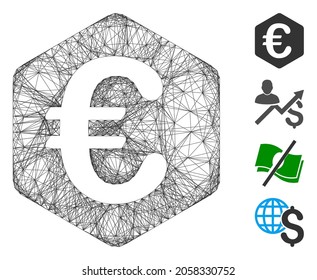 Vektornetz Euro finance. Geometrisches, lineares Flachnetz, erzeugt mit Euro-Finance-Symbol, konstruiert mit Schnittlinien. Es werden einige Bonussymbole hinzugefügt.